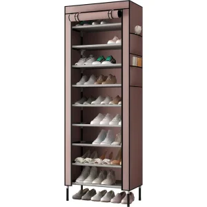 10 etages, 16 mm, extra dikke stangen, stabiele schoenenkast, organizer, standaard, 58 x 28 x 170 cm, met extra dik Oxford-weefsel, stofdichte afdekking houdt tot bruin